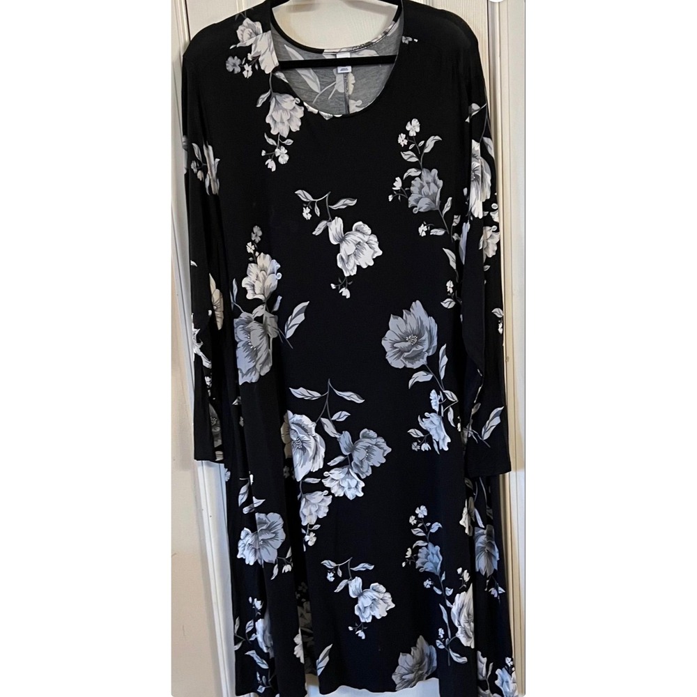 Old Navy Womens 4X Plus Black Floral Long Sleeve Jersey Swing Midi Dress